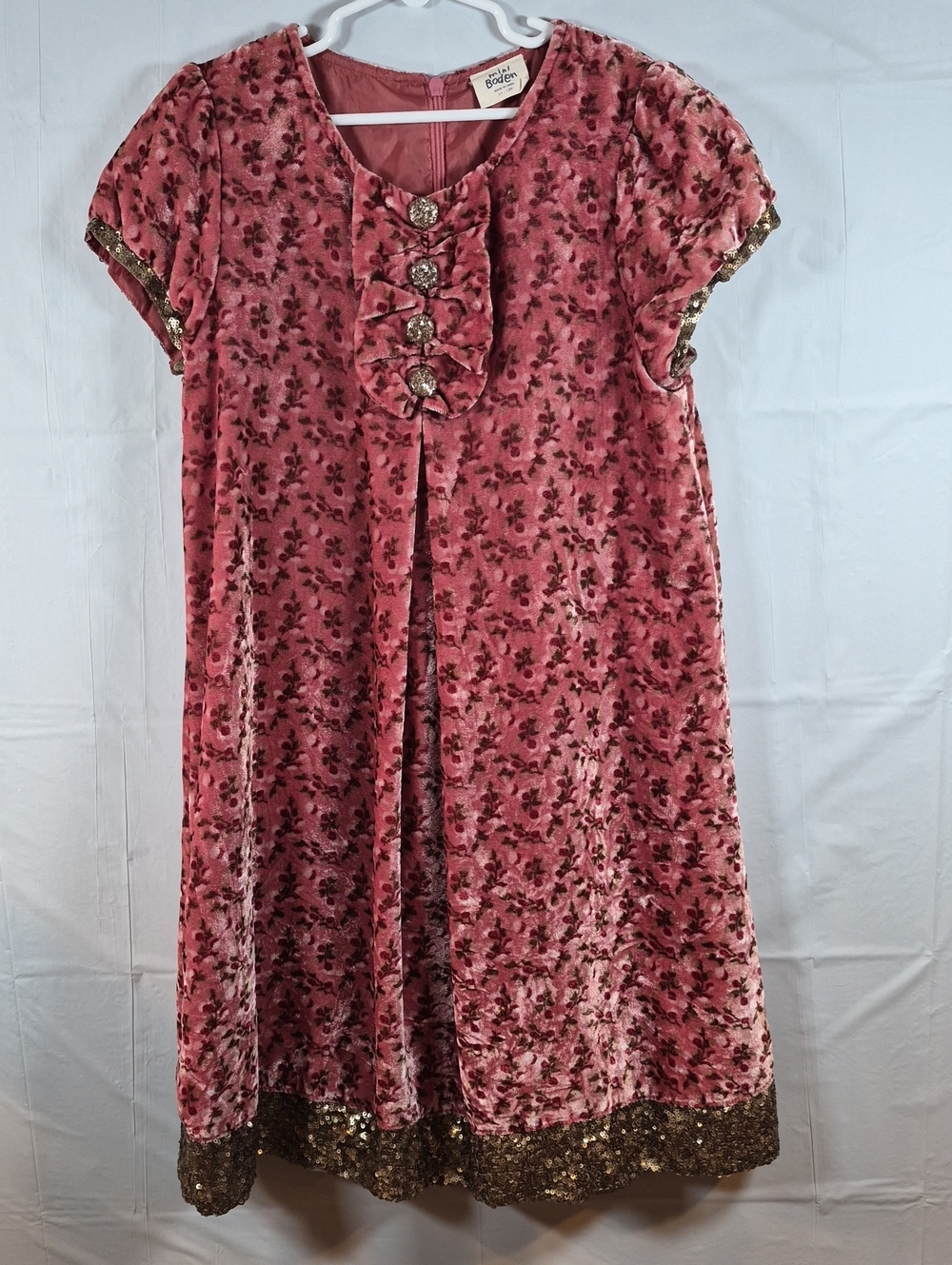 Mini Boden Rose Pink Floral Velvet Dress with Gold Sequin Trim